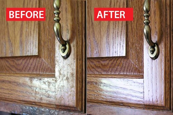 Before and after photos of cleaned cabinet.